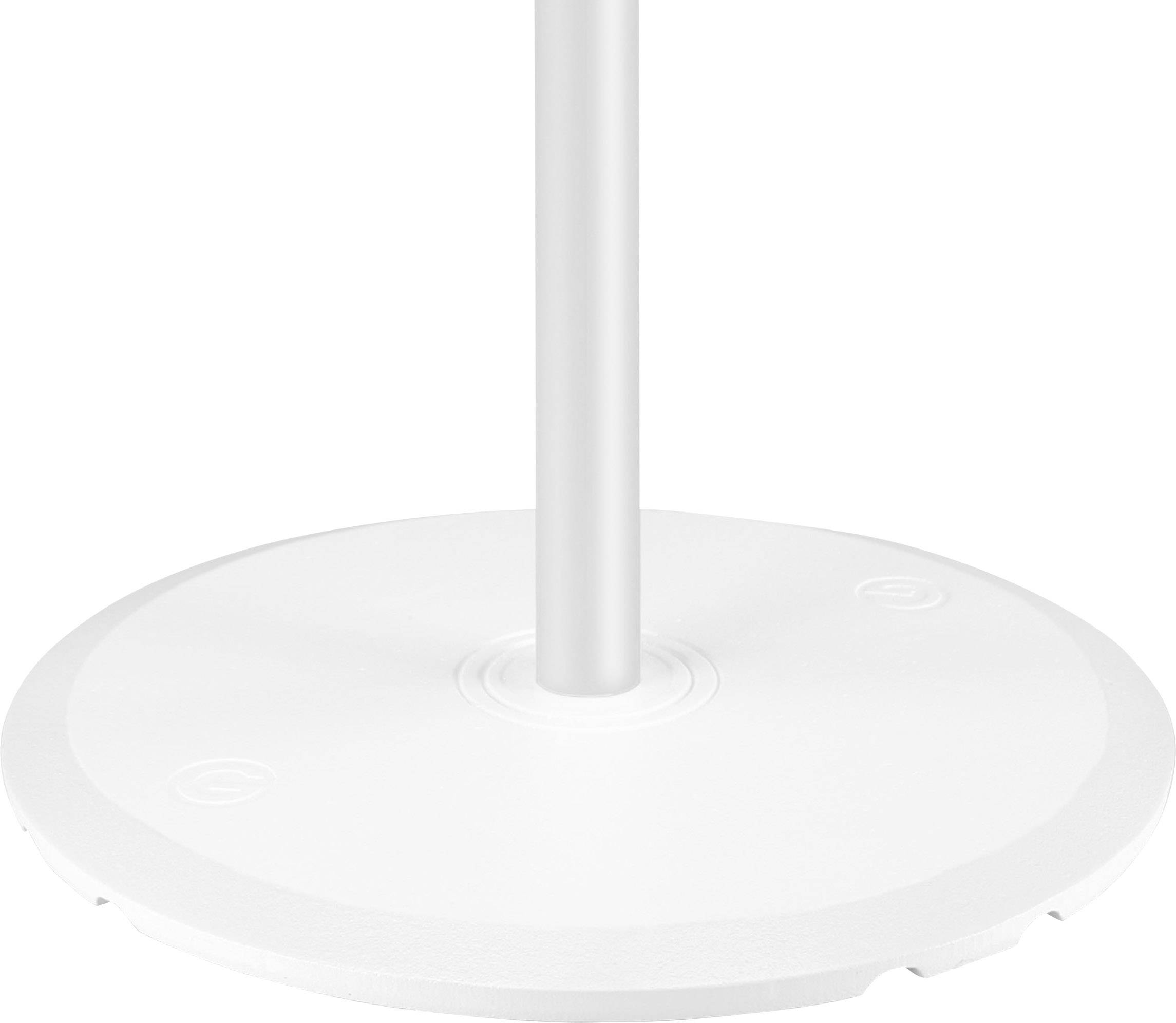 White round base of a stand with a silver rod, possibly for a parasol or a lamp.