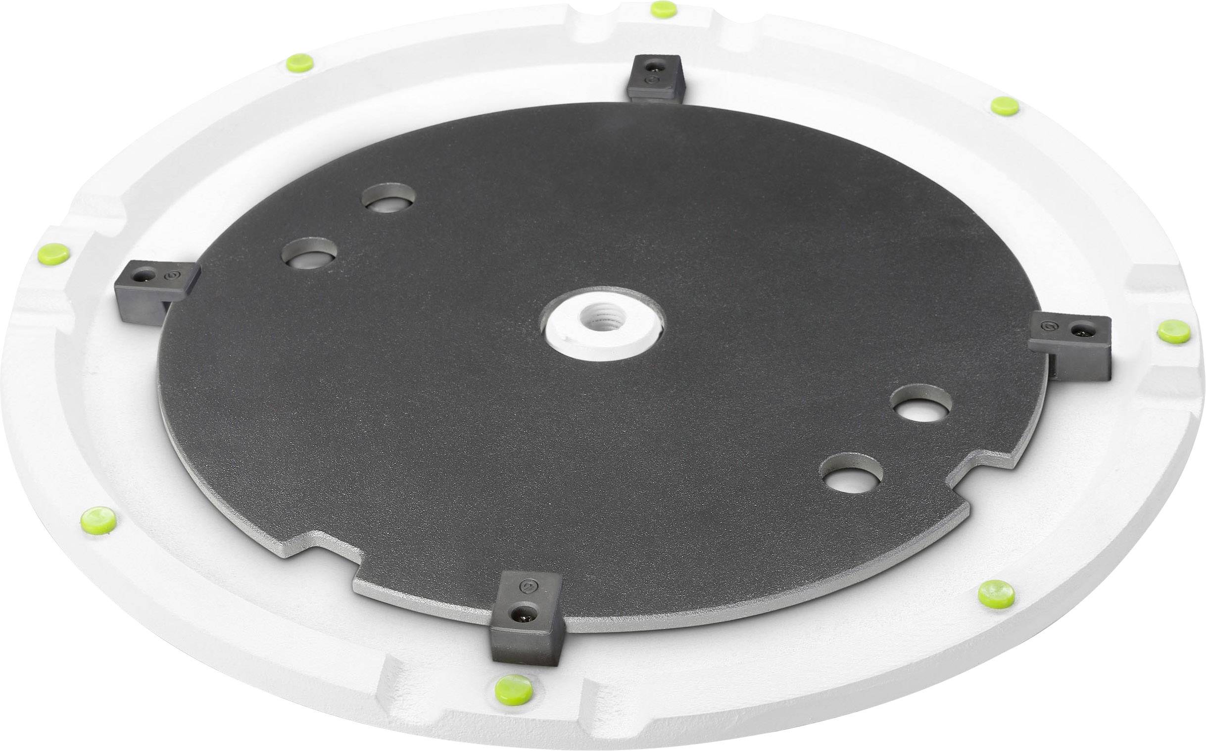 Grey, round plastic adapter on a white background with multiple mounting points and small green markings.