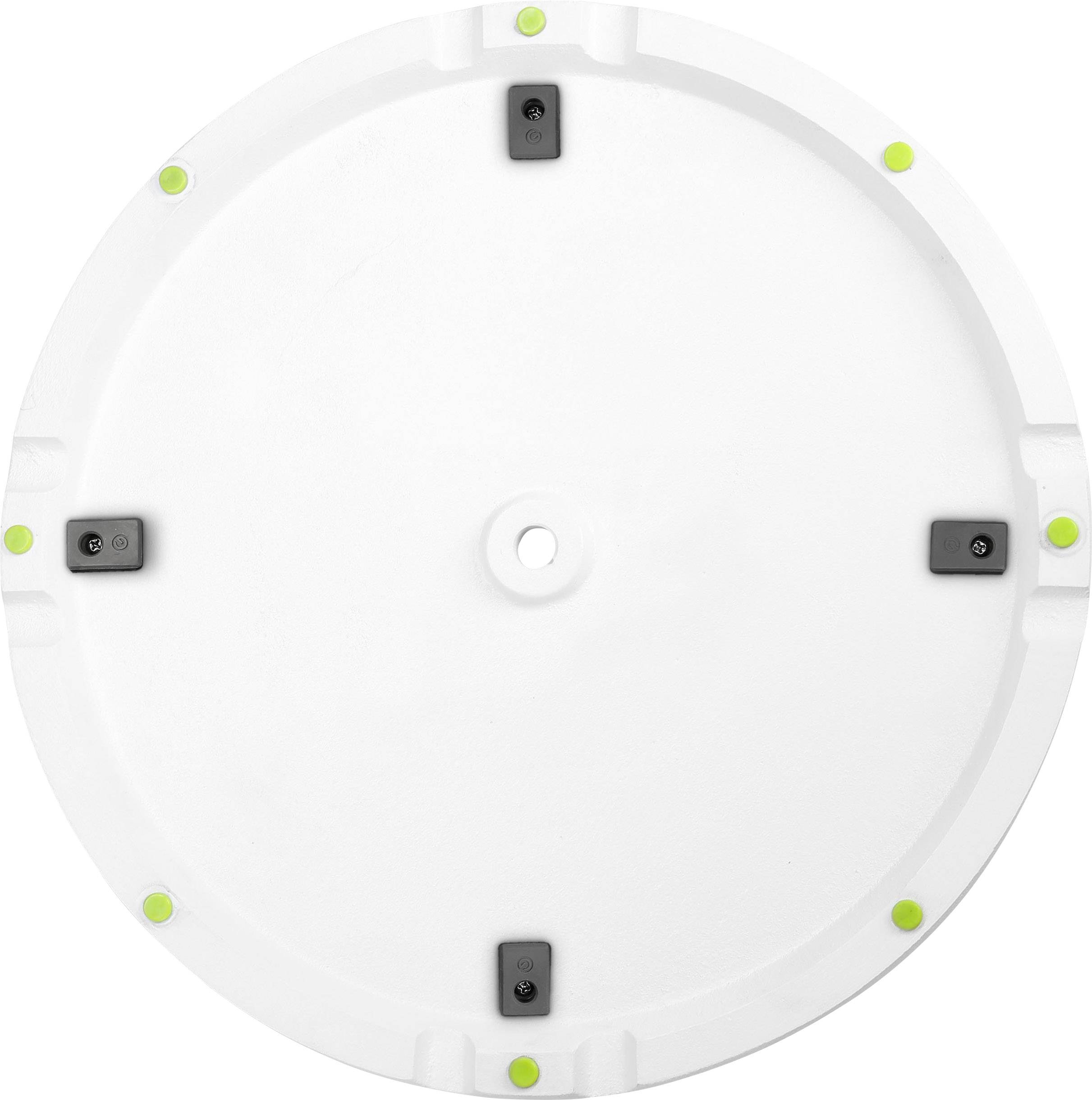 White round object with small green and grey markings around the edges, central hole.