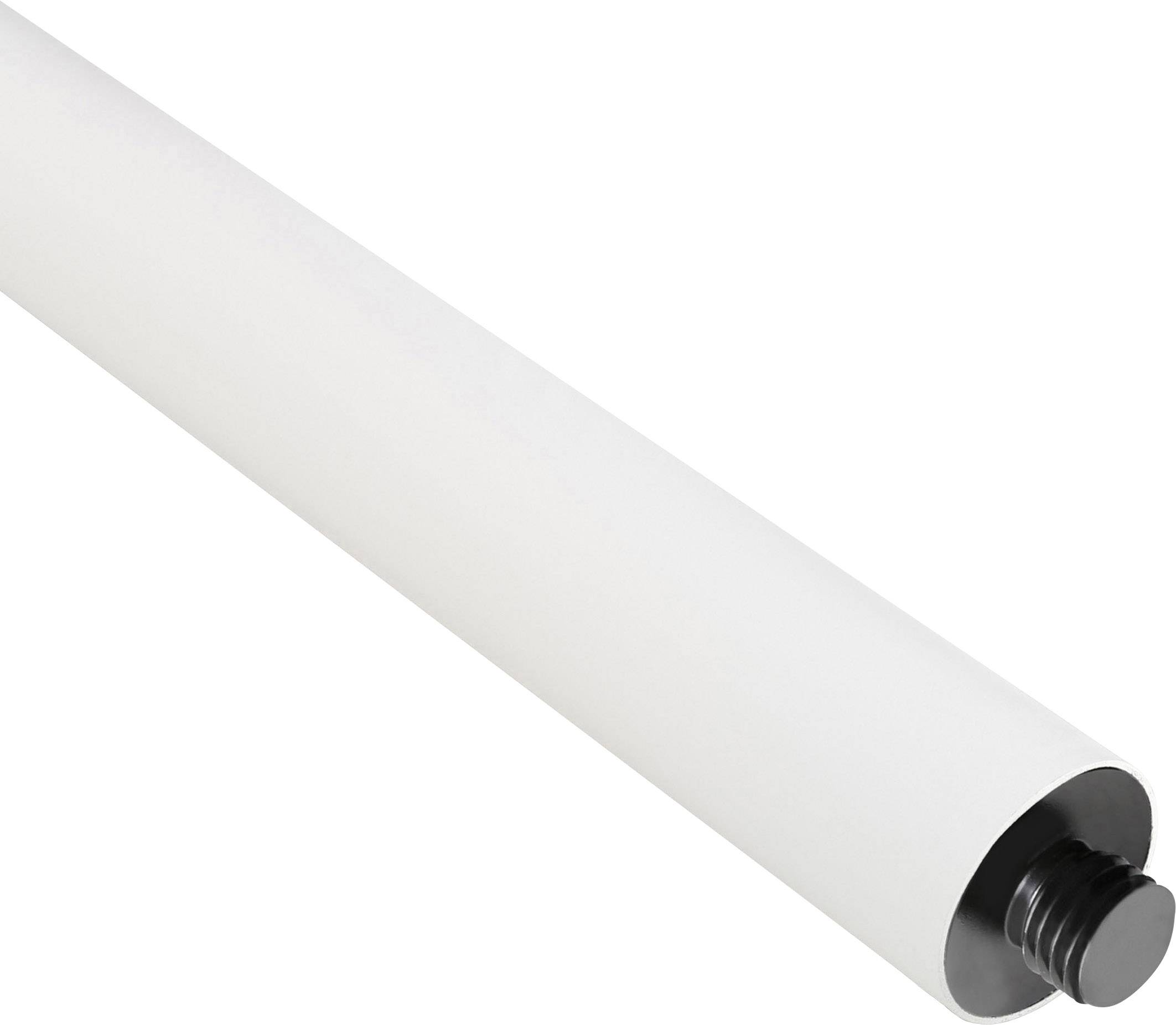 A rod-shaped object with a white surface and a black screw cap.