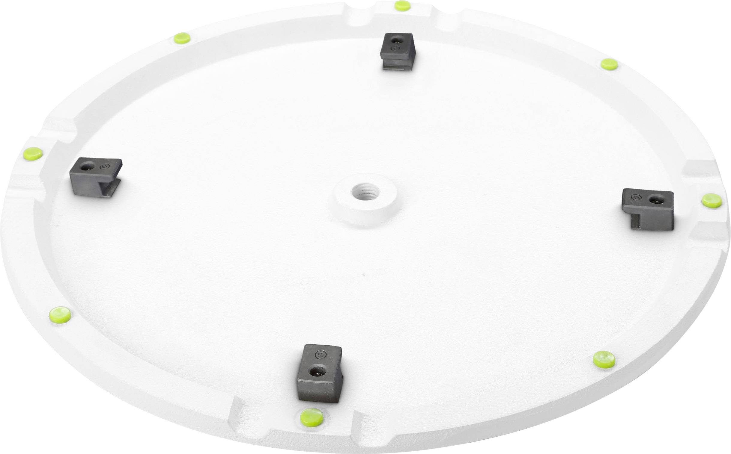 A round white disc with a central hole and four black clips. Small green dots for positioning are arranged around the circumference.