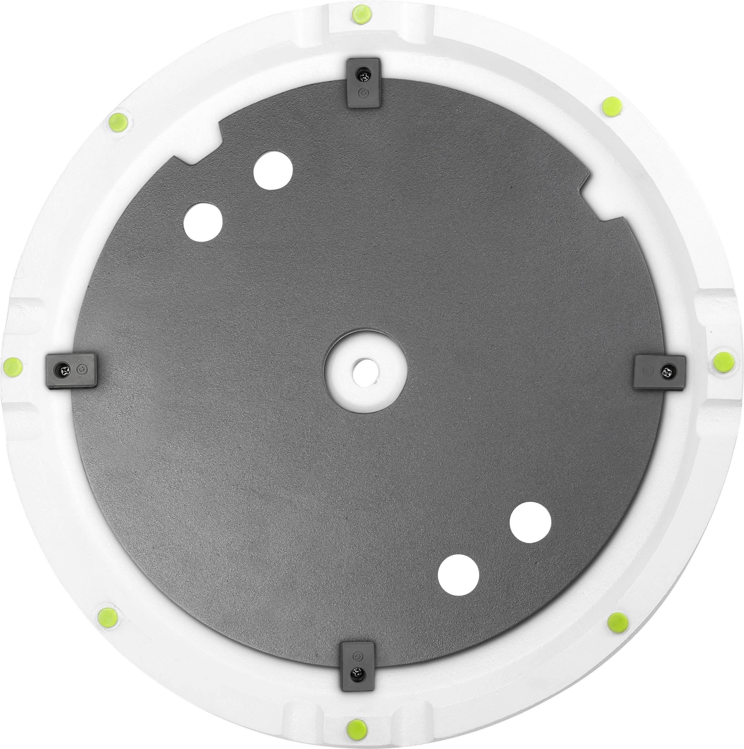 A round, grey plate with six irregular holes and a white border, used as a mounting base for technical devices.