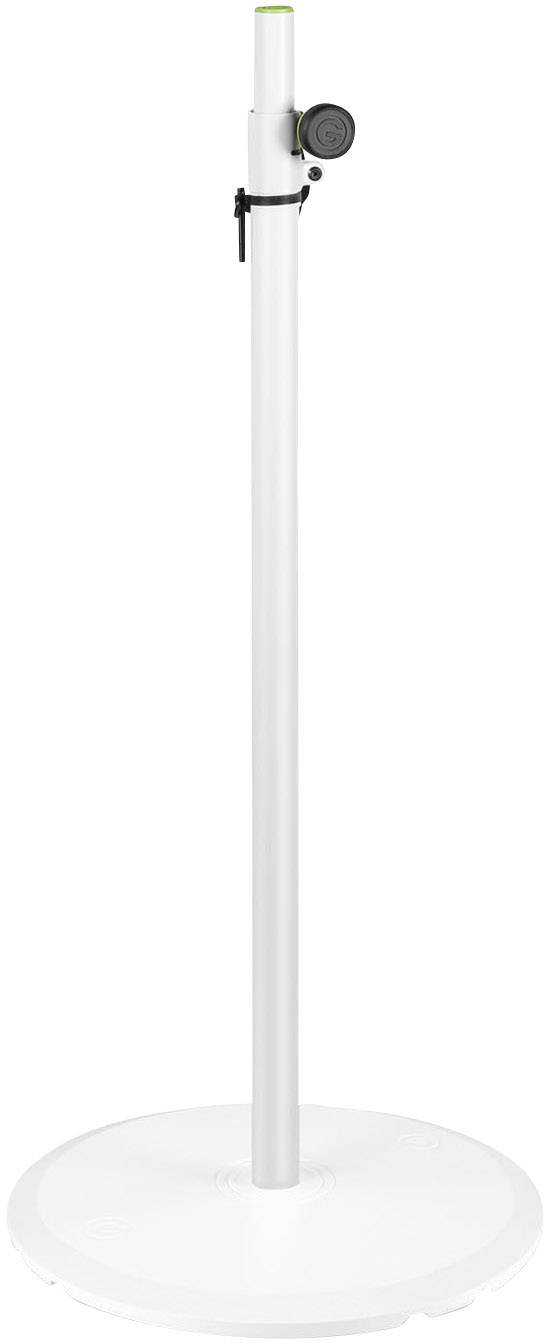 White, adjustable microphone stand with round base and mount, suitable for stage or studio applications.