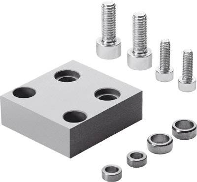 Metal plate with four holes, four screws and four washers. Screws and washers matching the holes.