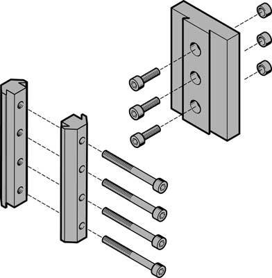 Diagram of two metal plates, connected by four bolts and nuts, shows the assembly process with bolts and nuts in position.
