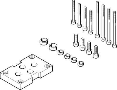 Technical drawing of a mounting plate with screws and nuts in various sizes, left side shows the plate, right side shows screws.