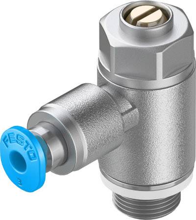 A nickel-plated angle pressure control valve, silver in colour, with a blue push-fit connection bearing the 'Festo' inscription on the side.