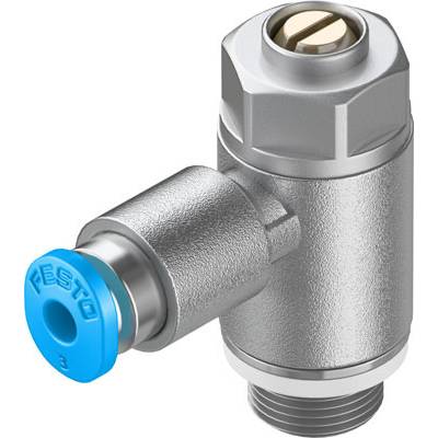 A nickel-plated compressed air fitting with a blue end piece, featuring the 'Festo' branding. The fitting has an angled connection.