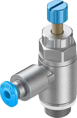 A silver pressure control valve with blue adjustment knobs, showing a side connection. It regulates air pressure in pneumatic systems.