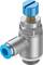 Valve with blue rotary knob and connection angle; used for controlling airflow in pneumatic systems.