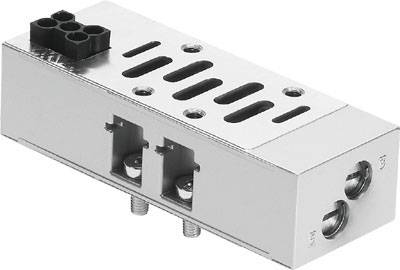 Metal block with recesses, two connectors on the underside and several holes on the top surface for mounting.