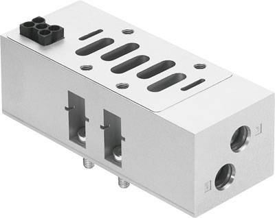 A rectangular, silver metal valve with multiple openings and connections, likely for industrial or technical applications.
