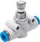 A metal T-piece valve with blue ends for pneumatic systems, manufactured by Festo. It regulates the airflow.