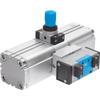 Metal pneumatic actuator with blue and black details.