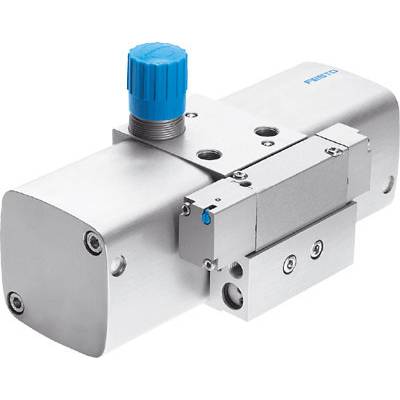 Pneumatic valve with blue actuating knob, robust metal housing and multiple mounting points, for industrial applications.
