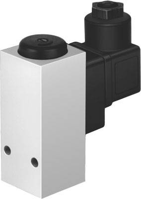 A black and silver electric solenoid valve with a rectangular housing and connection plug.