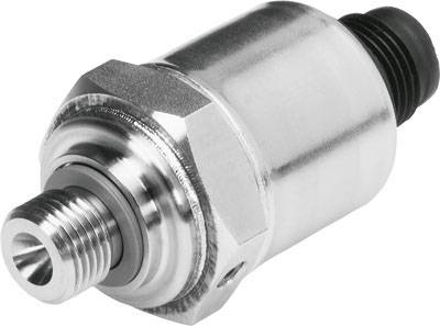 Industrial metal pressure sensor; cylindrical body with threaded connection and electrical socket.
