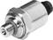 Industrial metal pressure sensor; cylindrical body with threaded connection and electrical socket.