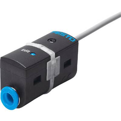 Black sensor by Festo with a blue cap and the inscription 'Edit'.