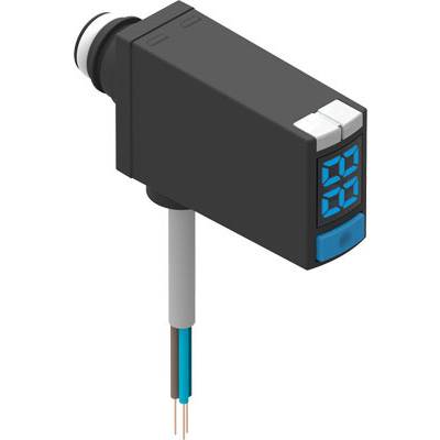 A rectangular proximity sensor with a digital display and cables, used for object detection, black with blue details.