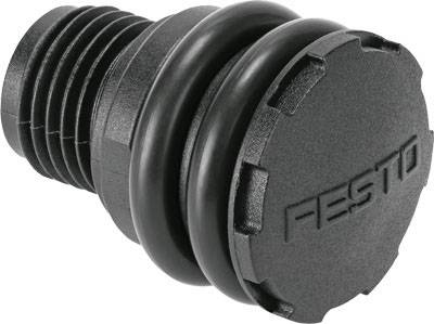 Black plastic valve with 'Festo' printed on the front, consisting of multiple rings and a threaded section.
