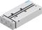 Metal linear unit, rectangular, with sliding components and mounting holes, suitable for industrial applications.