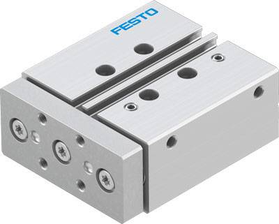A silver pneumatic linear guide with blue 'FESTO' lettering, showing several screw holes for mounting.