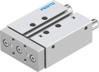 Silver pneumatic cylinder by Festo with multiple screw holes and two parallel piston rods on one side.