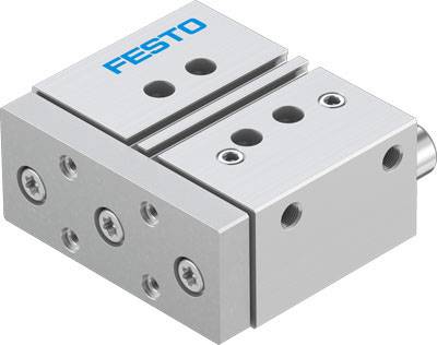 Silver rectangular slide with screws and two mounting plates, manufactured by Festo.
