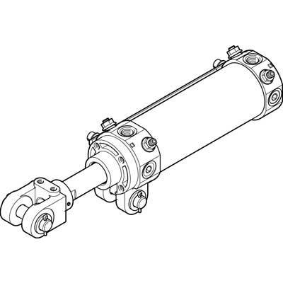 Technical drawing of a hydraulic cylinder with detailed connections and mounting elements, side view.
