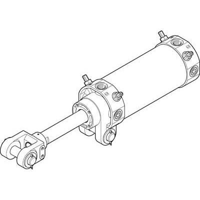 Technical drawing of a hydraulic cylinder with piston rod and mounting elements, showing construction details.