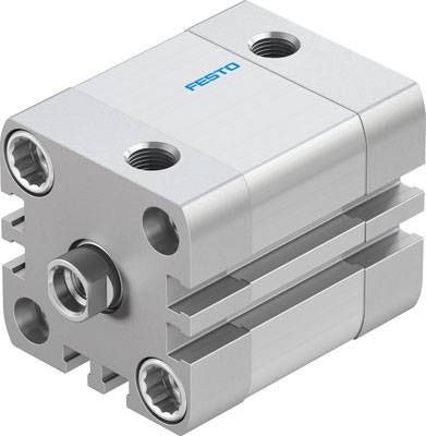 A silver pneumatic cylinder with multiple ports, suitable for industrial applications, shown in an angled view.