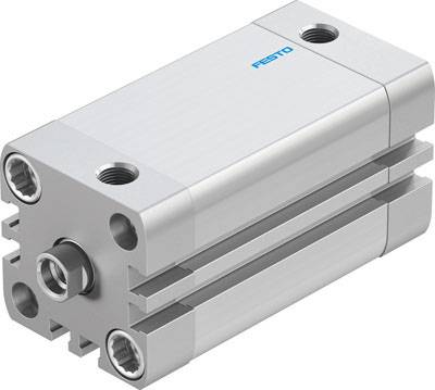 A silver pneumatic cylinder with connection ports on the sides, identified by the blue Festo trademark.