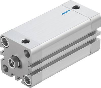 Silver, elongated pneumatic cylinder with two mounted connections and a blue logo in the top right corner.