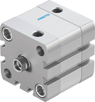 A compact metal pneumatic cylinder with logo text on top, multiple ports and screw holes, for industrial applications.
