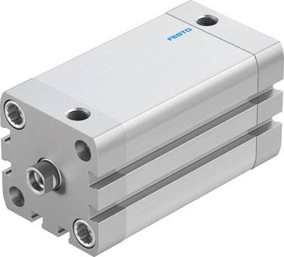 A compact, silver pneumatic cylinder with multiple ports and the blue logo of a well-known company.