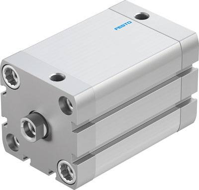 A compact pneumatic cylinder made of metal, silver in colour with a blue logo. It has multiple mounting points and is cuboid in shape.