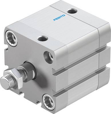 A compact, silver pneumatic cylinder with three ports and a visible piston rod end against a white background.