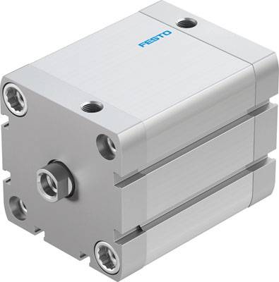 Silver, rectangular pneumatic cylinder with four side screw holes and two threaded holes on the front face for industrial applications.