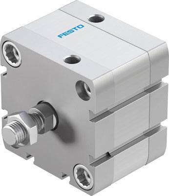 A silver pneumatic cylinder with a square housing and the manufacturer's blue logo on the top surface.