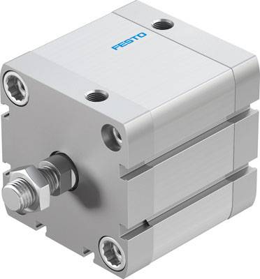 A compact, silver pneumatic cylinder with two mounting bolts and a threaded connection. The 'Festo' logo is visible on top.