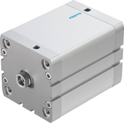 Silver pneumatic cylinder from Festo with multiple lateral connection ports and a logo on the surface.