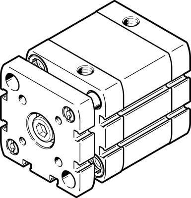 Technical drawing of a compact pneumatic cylinder, showing housing details and mounting points.