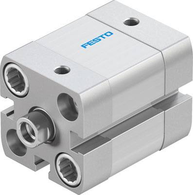 Silver pneumatic cylinder with four ports, labelled 'Festo'. Compact design, mechanical component.