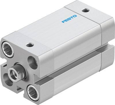 A silver pneumatic cylinder with the blue Festo company logo on the top surface, showing connection port and housing structure.