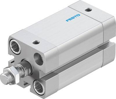 A double-acting pneumatic metal cylinder with a compressed air connection and a piston rod, branded 'Festo'.