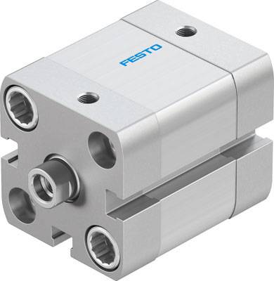 A silver pneumatic cylinder with a blue 'Festo' logo at the top and several connections on the sides.