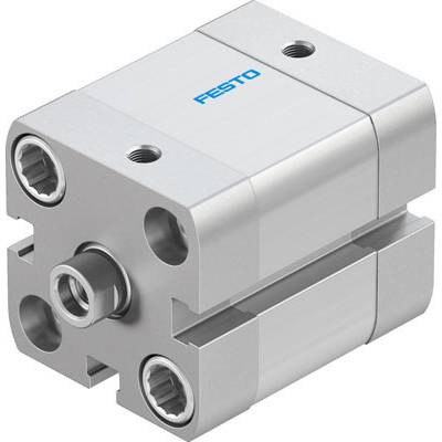 A silver pneumatic cylinder with a blue 'Festo' logo at the top and several connections on the sides.