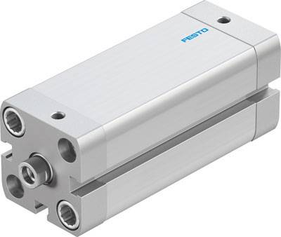 Silver pneumatic cylinder with blue logo inscription on the top surface, used for linear movements in machinery.