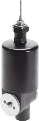 A black, cylindrical valve with a protruding needle and a side connection. Used for controlling the flow of liquids or gases.